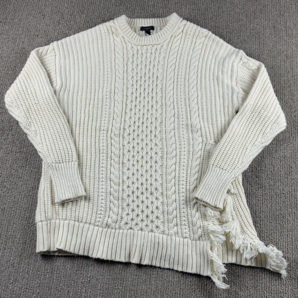 J Crew Womens XL Cable Knit Fringe Sweater Pullover Fisherman Wool Blend Ivory